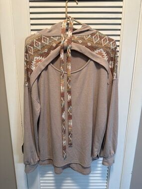 Women's Taupe Hoodie with Southwestern Aztec Yoke
